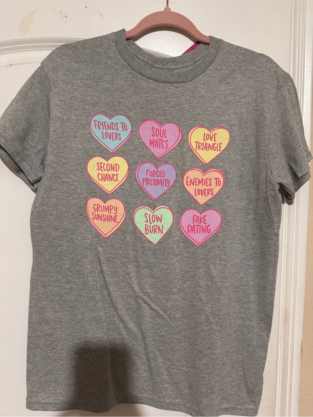 Out of Print Gray Tee with Pastel Heart Patch Grid